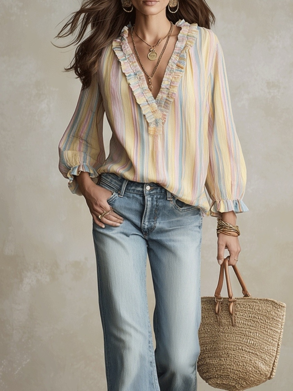 Striped Ruffle-Trim V-Neck Blouse